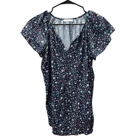 Simple Fun Tunic Top Size L Black Floral V-Neck w/Tie Flutter Sleeve - Picture 1 of 3